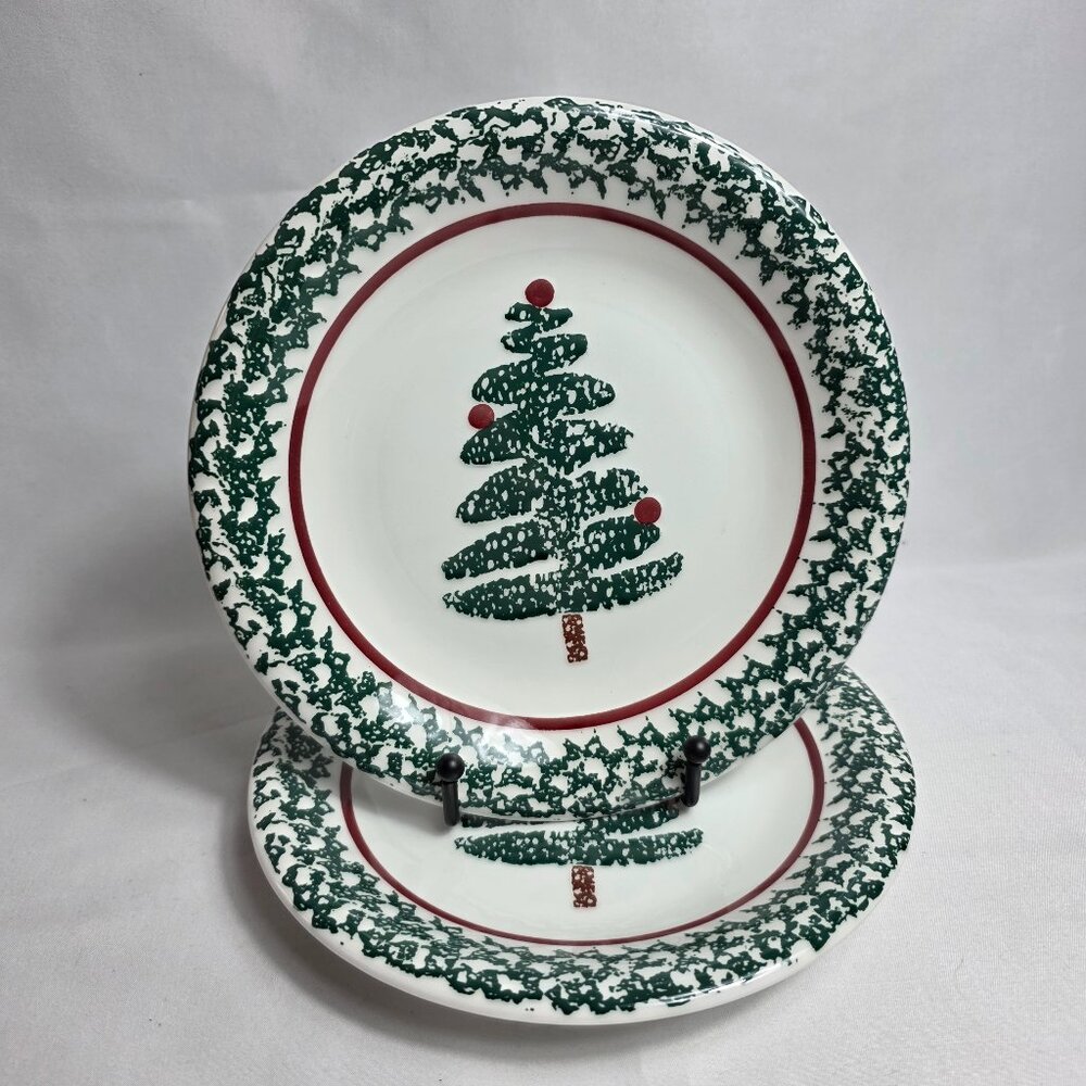 TWO Furio Christmas Tree Salad Plates Green Sponge Tree & Edge Made in Italy